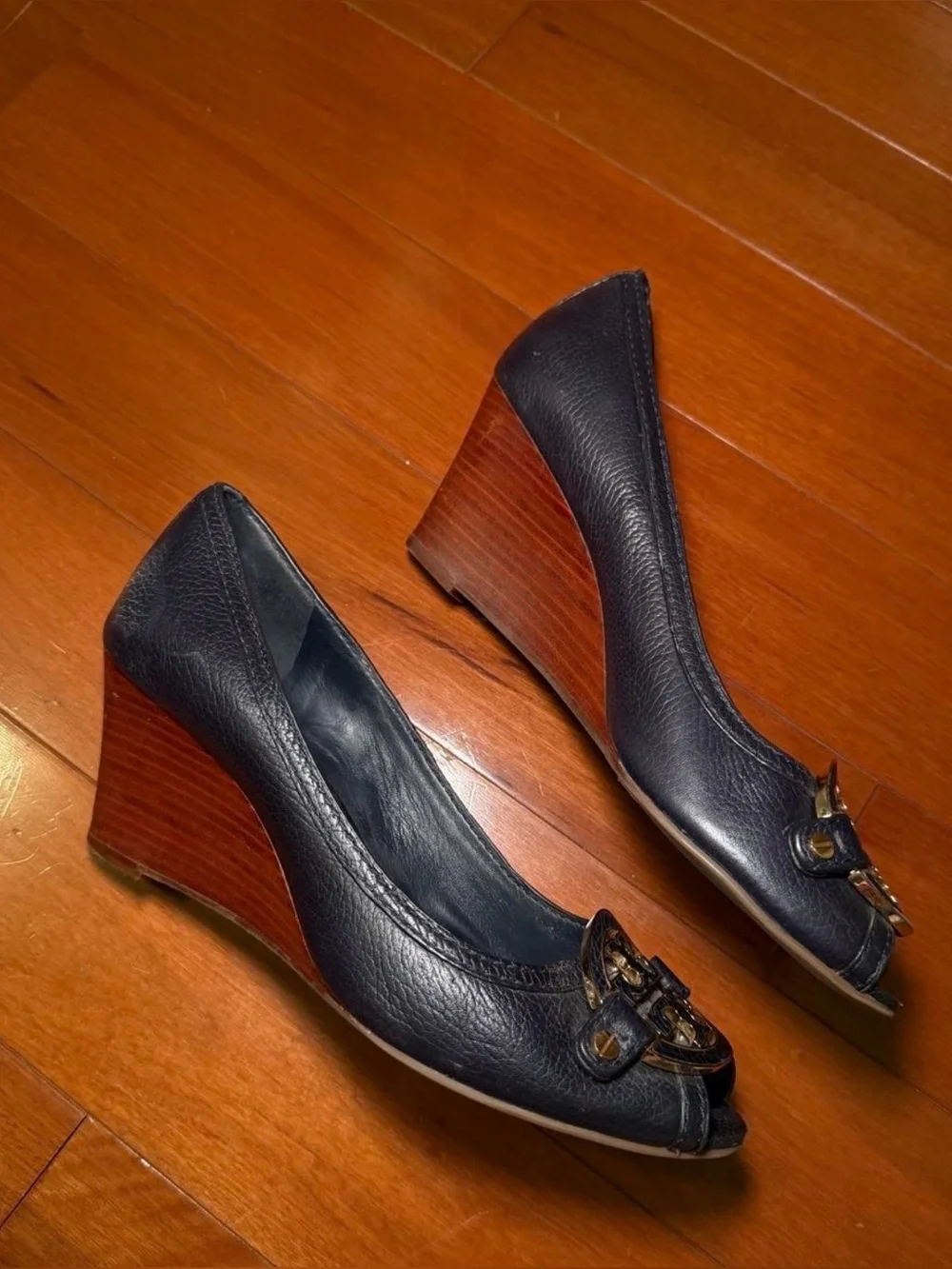 Tory Burch Navy Blue Leather Wedge Pumps